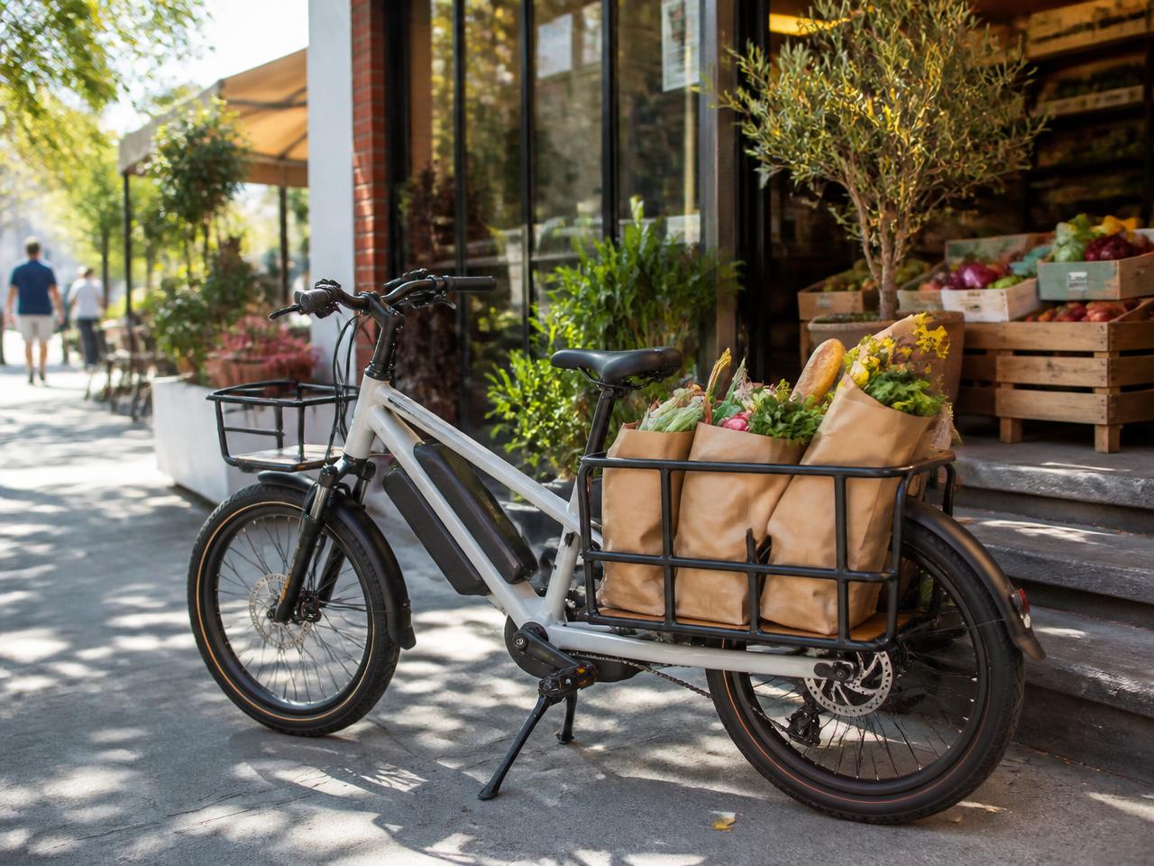 Cargo electric bike loaded with grocery bags outside a market